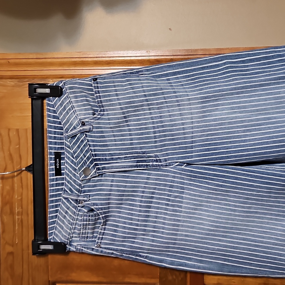 Aqua Striped Cuffed Dad Blue Striped High Waisted Denim Jeans - Picture 6 of 13
